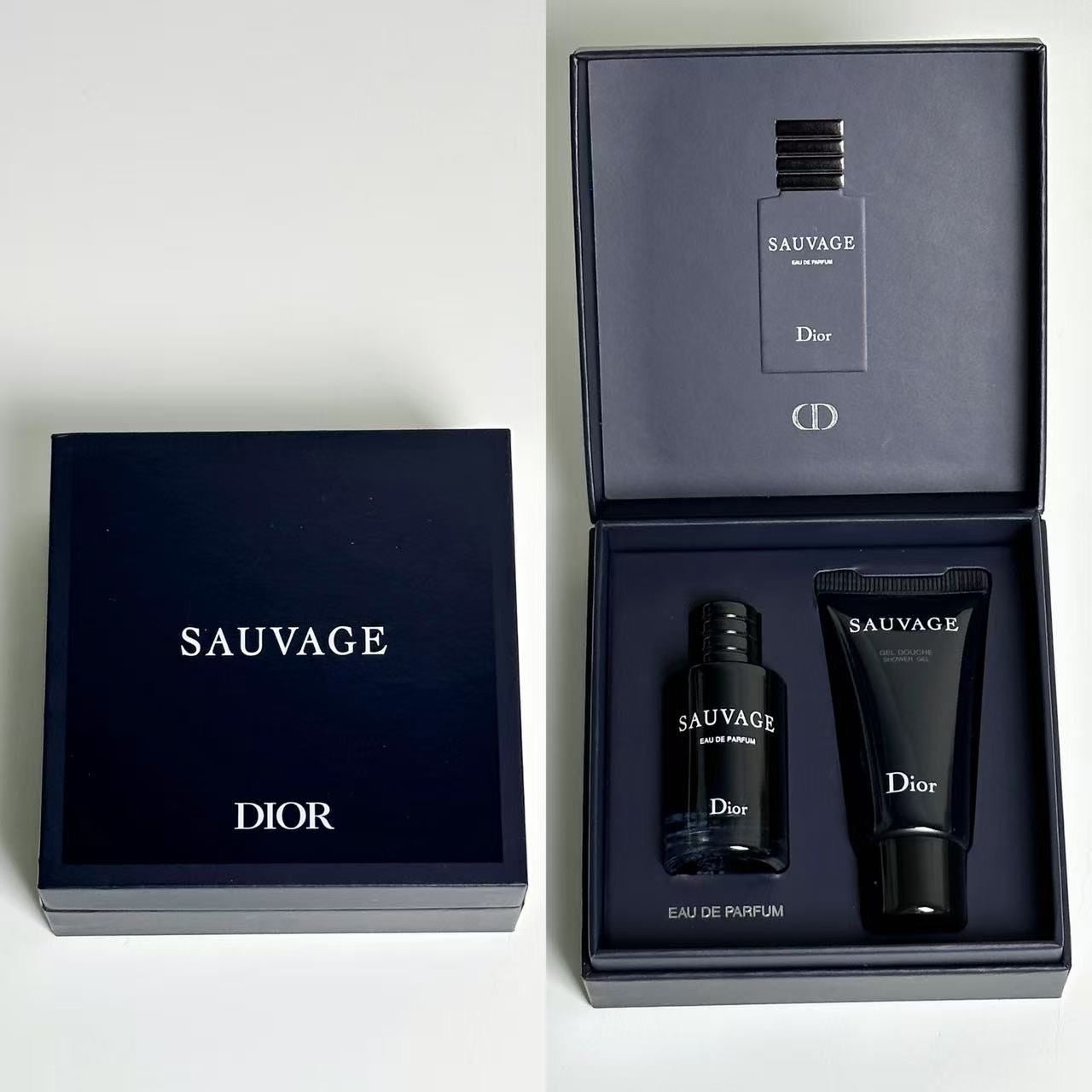 Dior Sauvage Eau de Parfum gift set, featuring a dark navy blue box with the brand name, alongside an open matching box containing a black perfume bottle and a black body lotion tube.