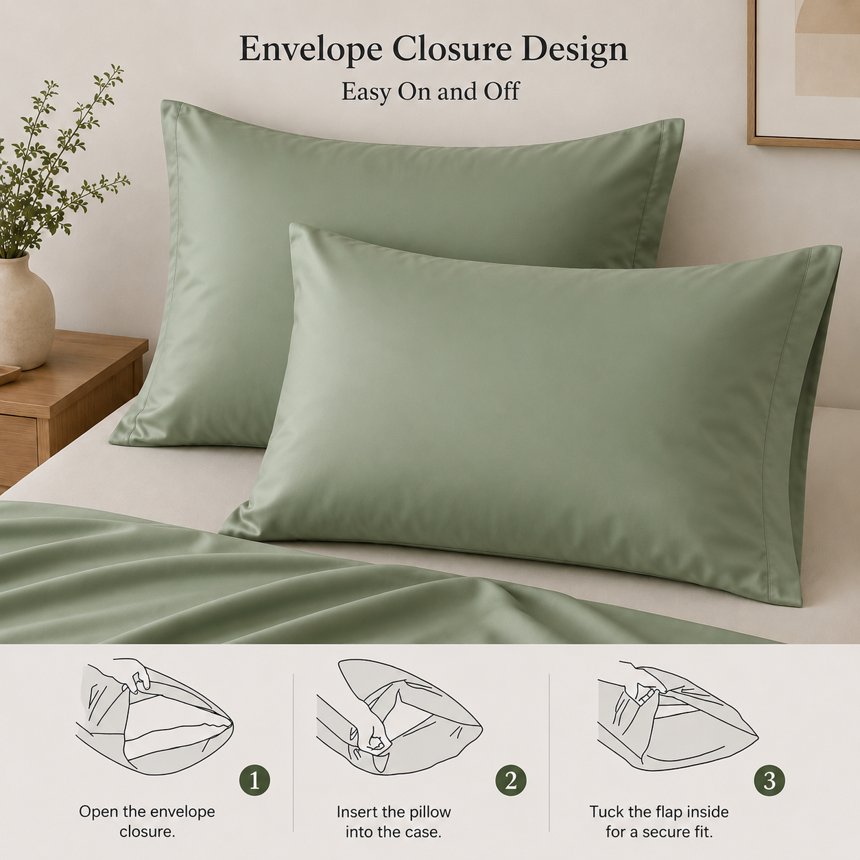 Bamboo Satin King Size 6 Pieces Duvet Cover set, Matte Green color.