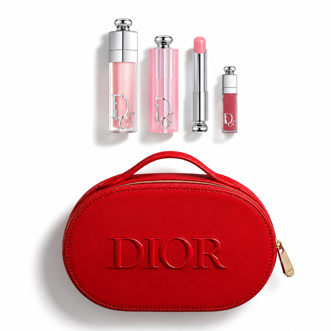 A Dior cosmetics gift set featuring a red oval leather case with embossed DIOR lettering, accompanied by four matching lip and cheek products in pink and red shades above it, all on a clean white background.