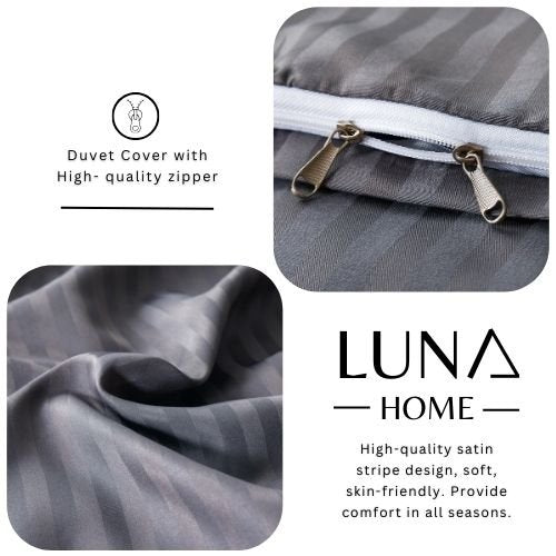 Premium King Size 6 Pieces Bedding Set without filler, Solid Dark Gray Color, Satin Stripe Design. - BusDeals