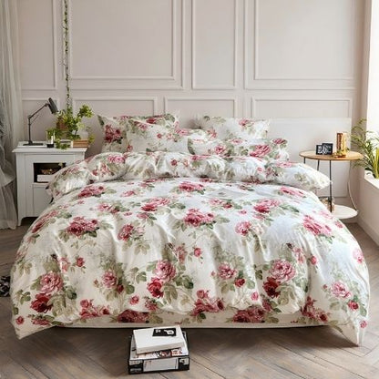 Queen size 6-piece duvet cover set rose print with green leaves.