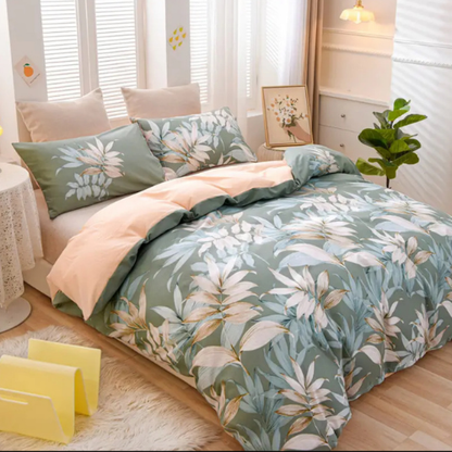 Queen size 6 piece bedding set with green leaf pattern, very soft quality.