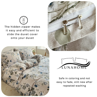Queen size 6-piece duvet cover set with blue roses.