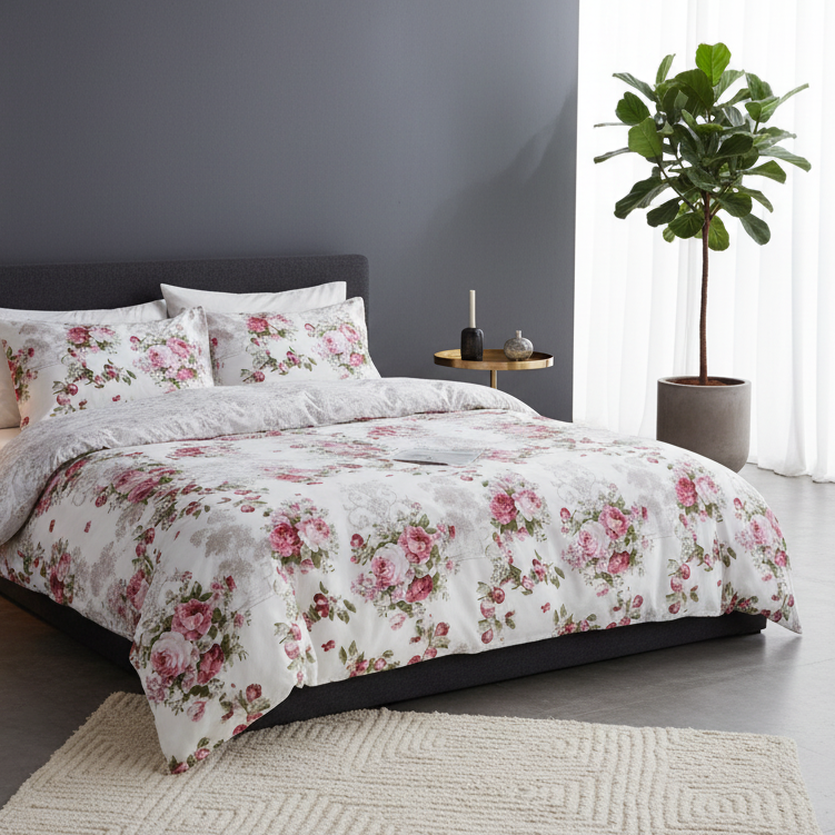 Queen size 6-piece duvet cover set with Burgundy roses, reversible style.