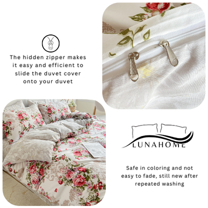 Queen size 6-piece duvet cover set with Burgundy roses, reversible style.