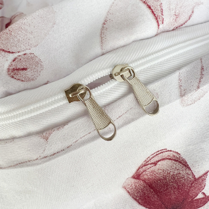 Queen size 6-piece duvet cover set featuring a Sakura Dusty Pink print on a white background.