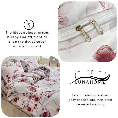 Queen size 6-piece duvet cover set featuring a Sakura Dusty Pink print on a white background.
