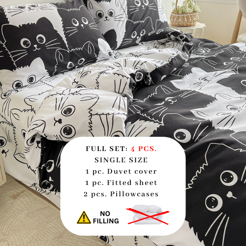 Single 4-piece reversible duvet cover set featuring an adorable black and white cat design.