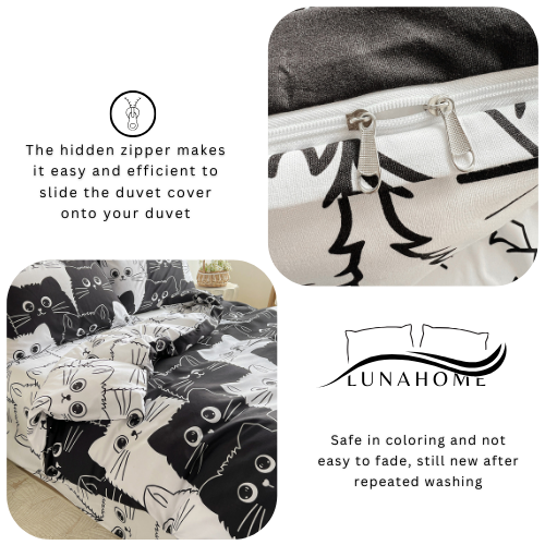 Single 4-piece reversible duvet cover set featuring an adorable black and white cat design.