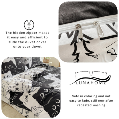 Single 4-piece reversible duvet cover set featuring an adorable black and white cat design.
