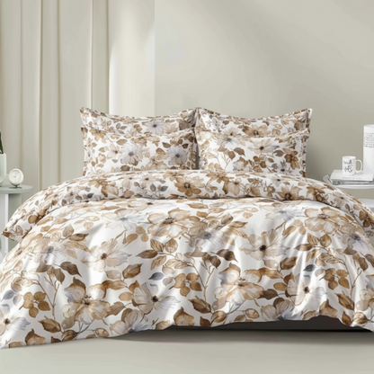 King size 6 piece bedding set, featuring a design of brown leaves.