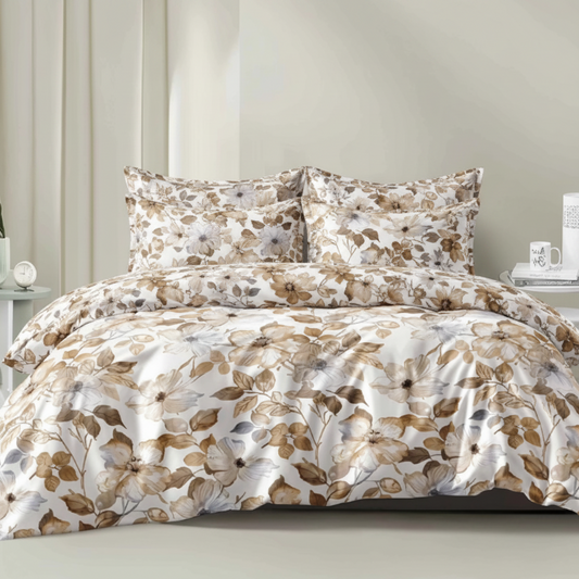 King size 6 piece bedding set, featuring a design of brown leaves.