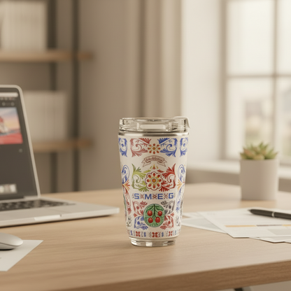 Colorful tumbler with floral patterns on a white background