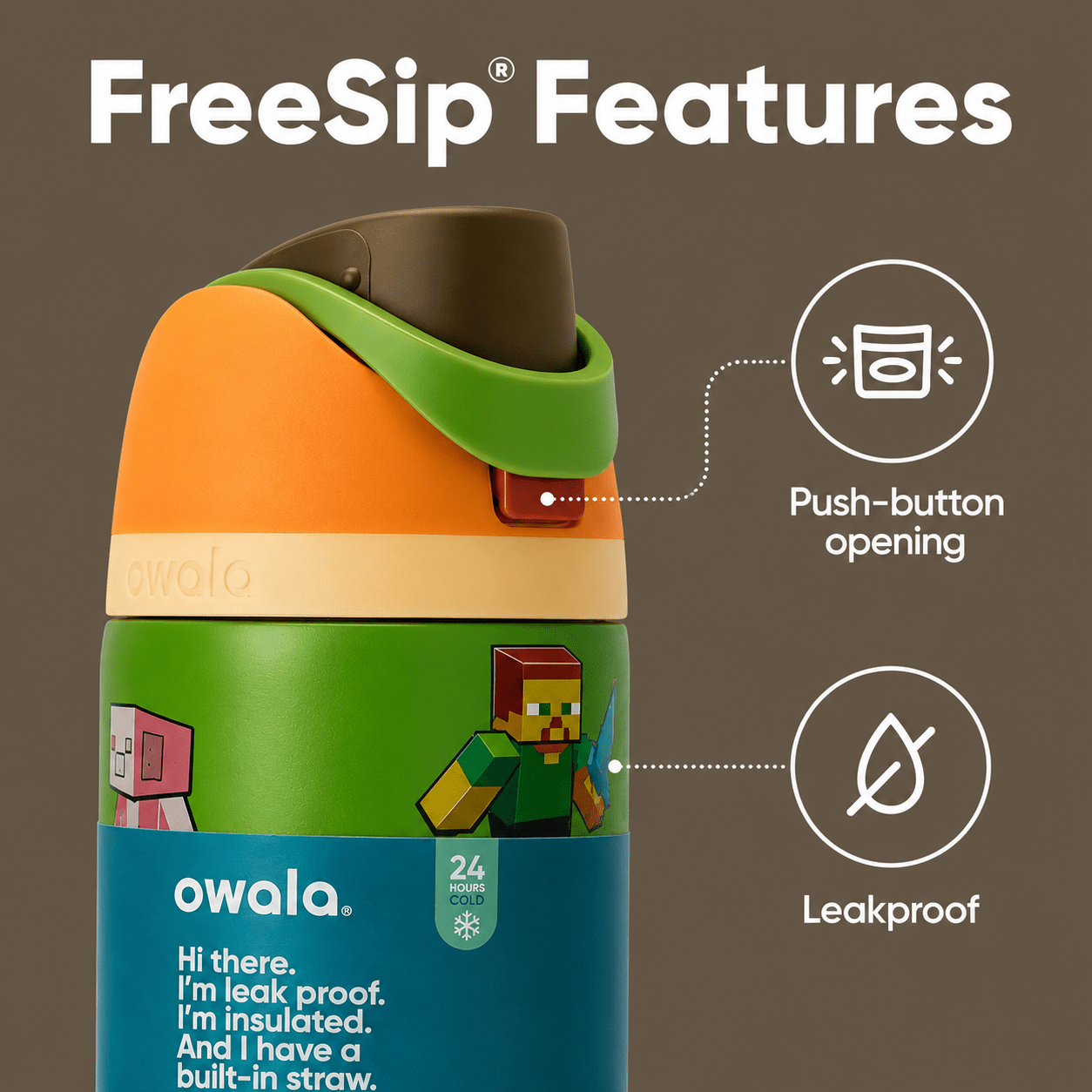 32 OZ. 945 ML Owala Minecraft FreeSip Insulated Stainless Steel - BusDeals
