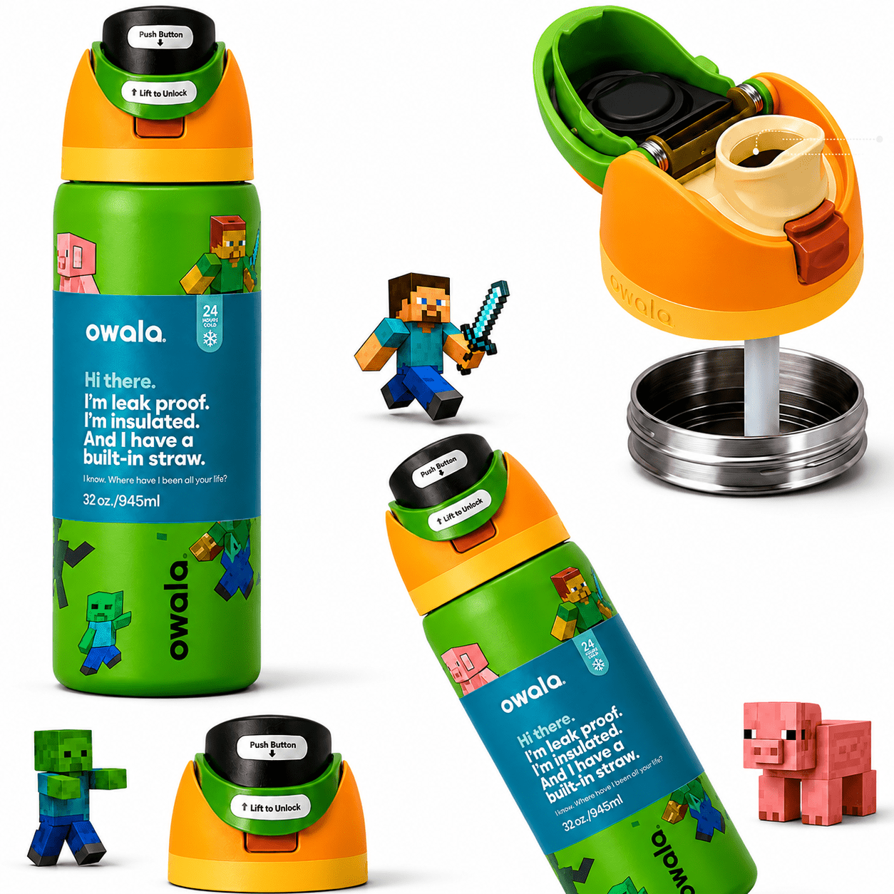 32 OZ. 945 ML Owala Minecraft FreeSip Insulated Stainless Steel - BusDeals