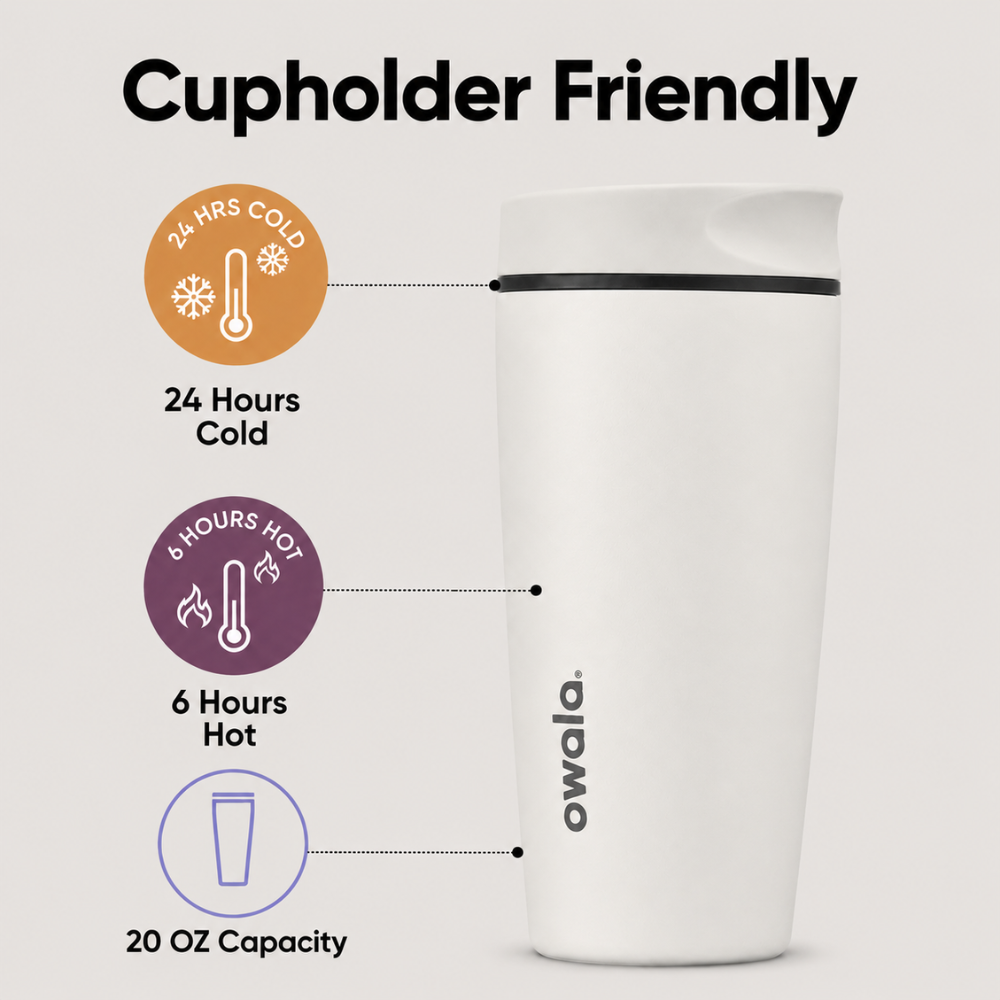 White tumbler with Owala branding, showing temperature retention times and capacity on a light gray background.