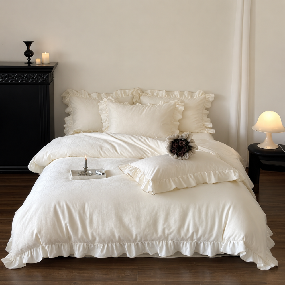 Bamboo Satin King size 6 pieces Ruffle Duvet Cover Set, White Color