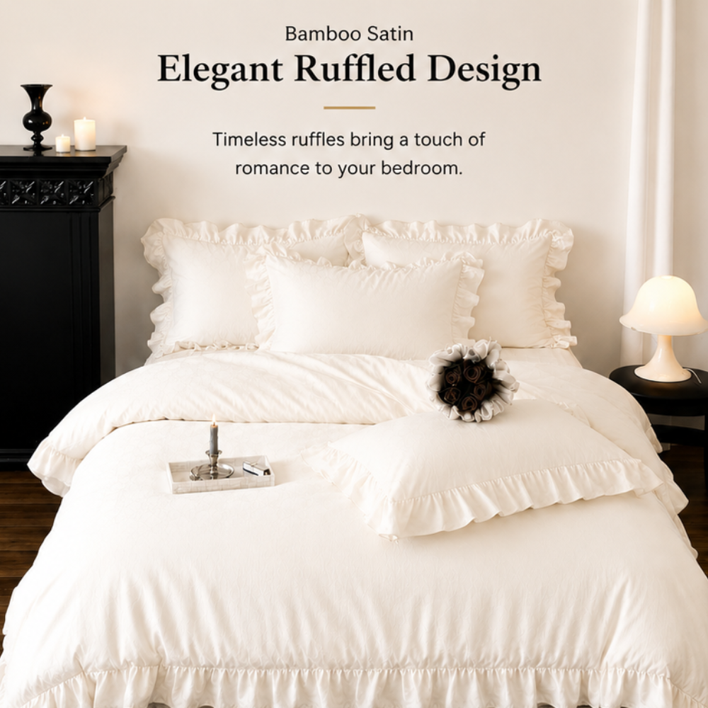 Bamboo Satin King size 6 pieces Ruffle Duvet Cover Set, White Color