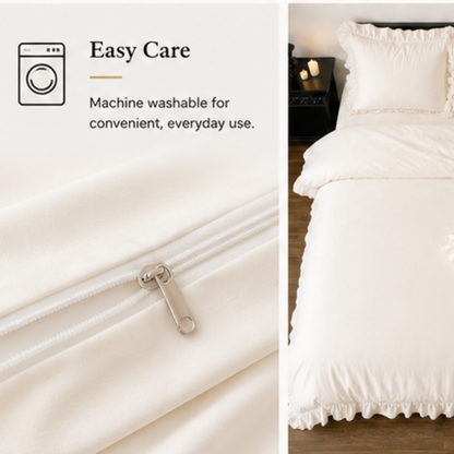 Bamboo Satin King size 6 pieces Ruffle Duvet Cover Set, White Color