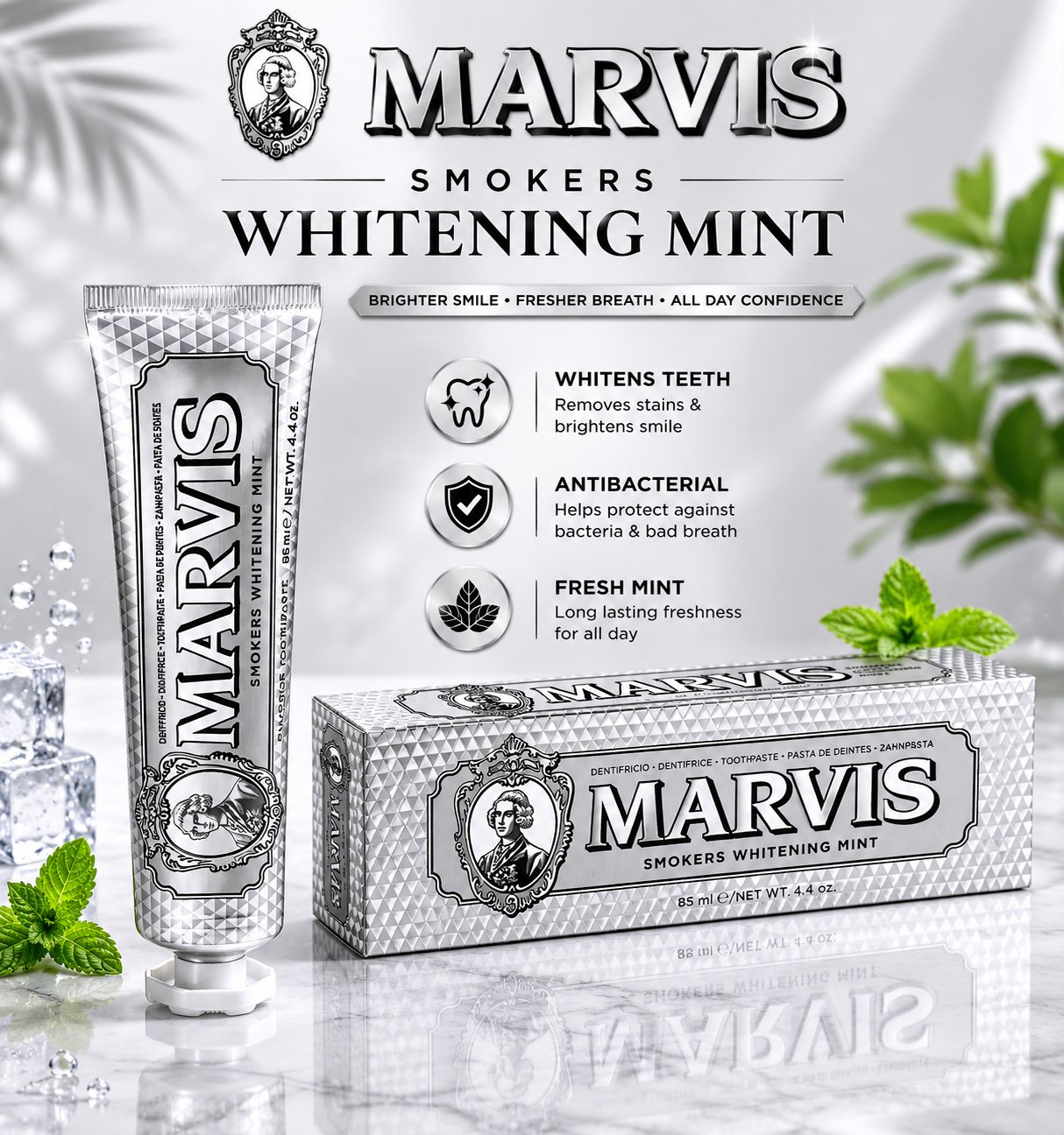 Marvis Smokers Whitening Toothpaste, Mint, 85ml, Promotes the Natural Whitening of the Teeth, Plaque Removal Toothpaste, Long-Lasting Freshness