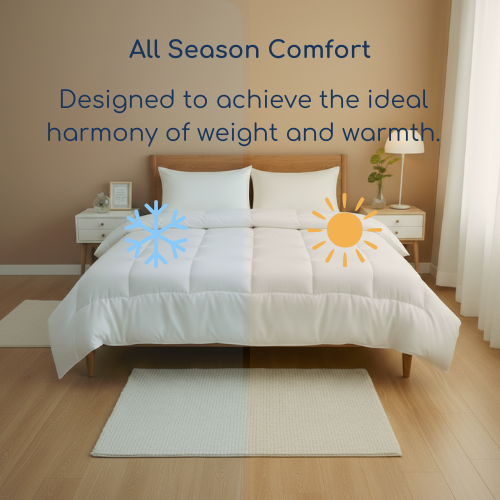 Bed with white comforter in a bedroom setting, featuring text about all-season comfort.