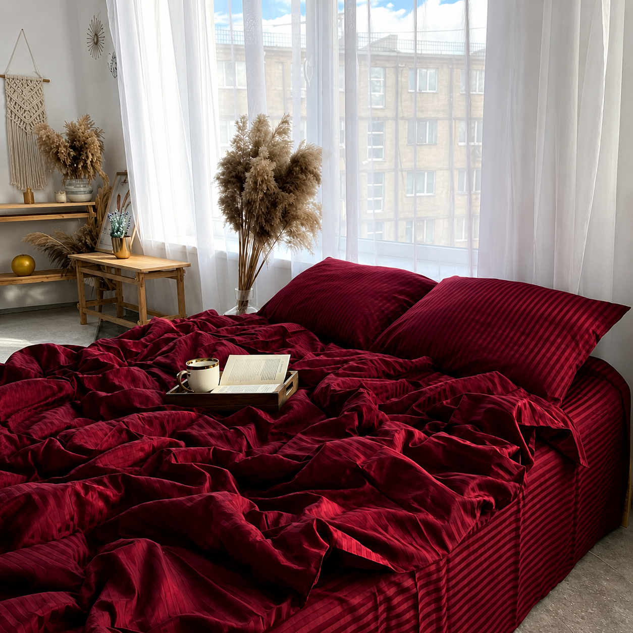 Satin Stripped King Size 6 Pieces Bedding Set, Solid Berry Red.