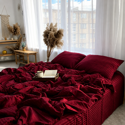 Satin Stripped King Size 6 Pieces Bedding Set, Solid Berry Red.