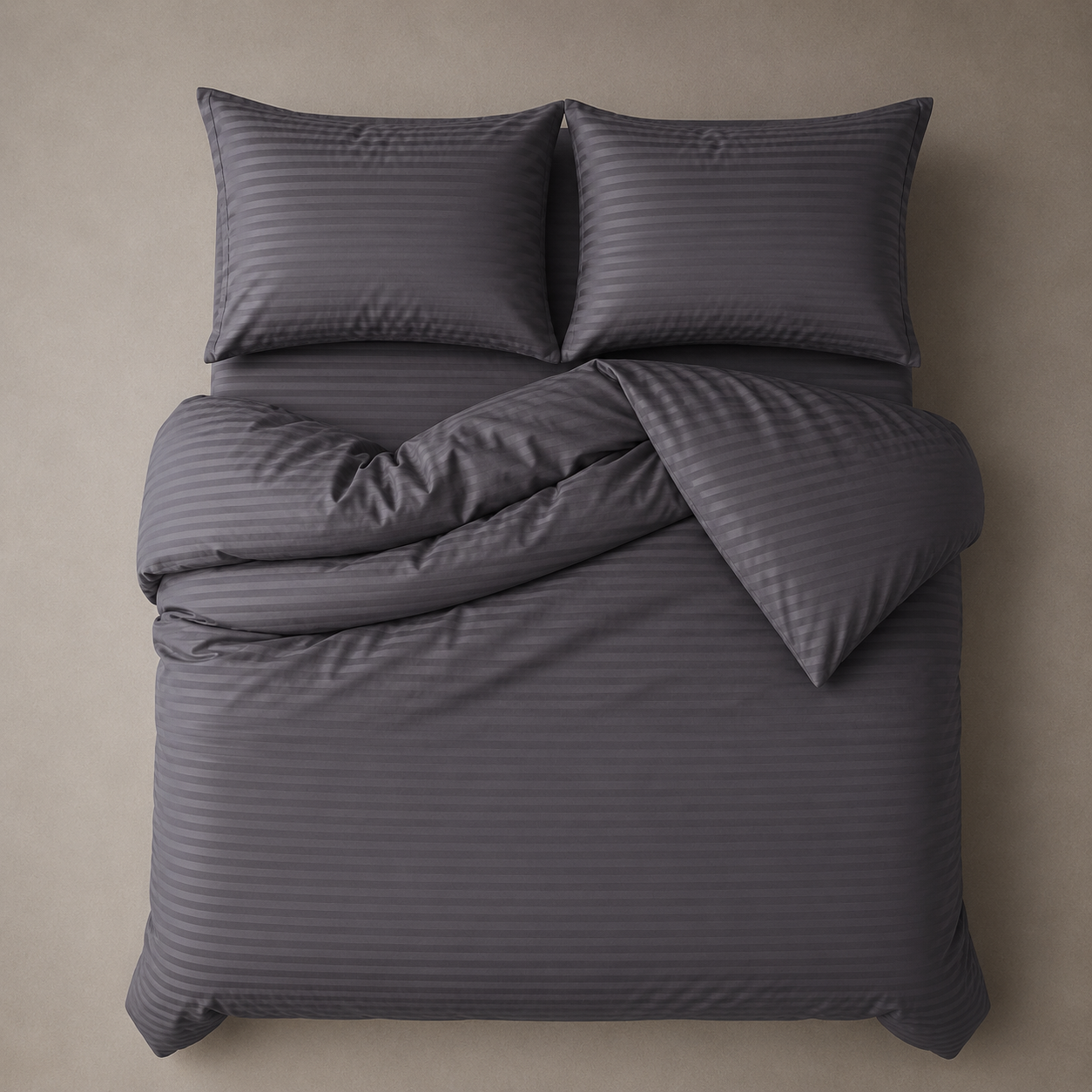 Satin Stripped King Size 6 Pieces Bedding Set, Solid Dark Gray Color.