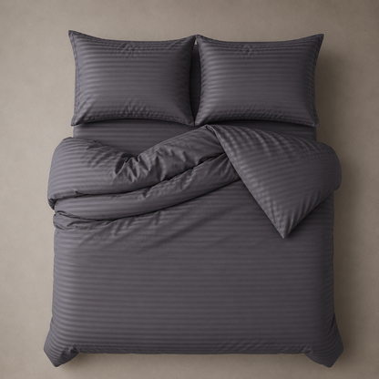 Satin Stripped King Size 6 Pieces Bedding Set, Solid Dark Gray Color.