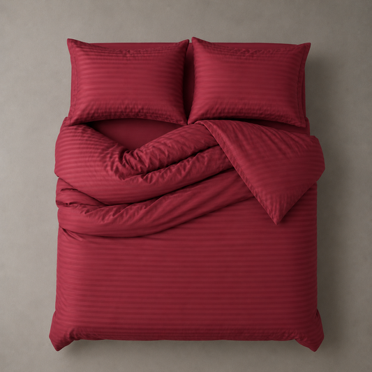 Satin Stripped King Size 6 Pieces Bedding Set, Solid Berry Red.