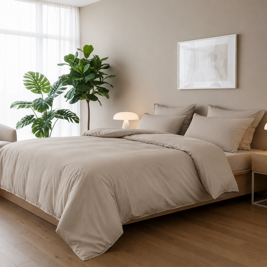 Neatly made bed with beige bedding in a room with a plant and framed artwork.