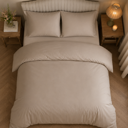 Neatly made bed with beige bedding in a bedroom setting.