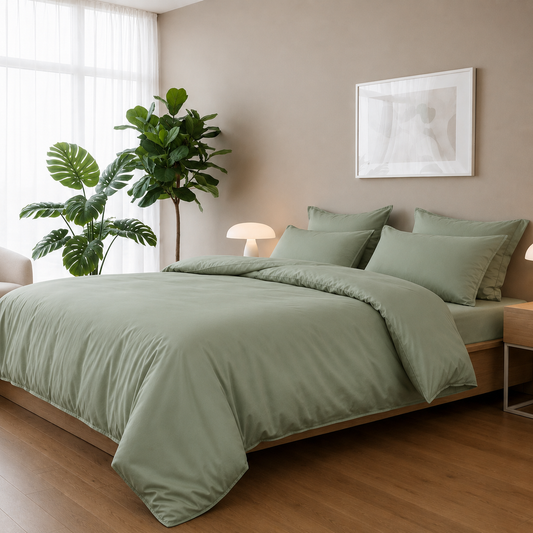 Bamboo Satin King Size  6 Pieces Duvet Cover set, Matte Green color.