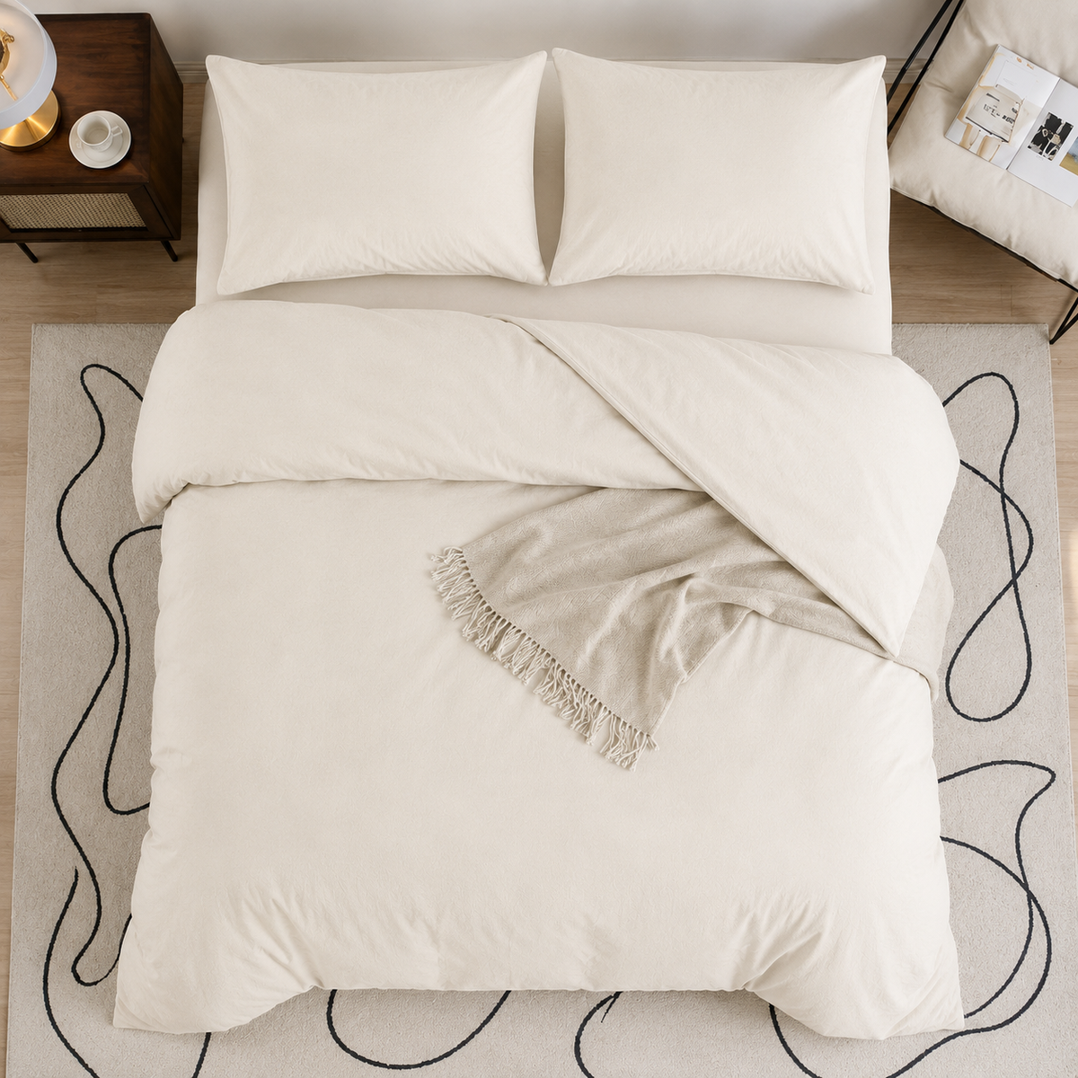 King Size 6 Pcs Washable Cotton Bedding Set. Super Soft Wrinkles Fabric, Caramel Beige.