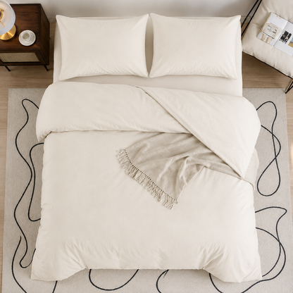 King Size 6 Pcs Washable Cotton Bedding Set. Super Soft Wrinkles Fabric, Caramel Beige.