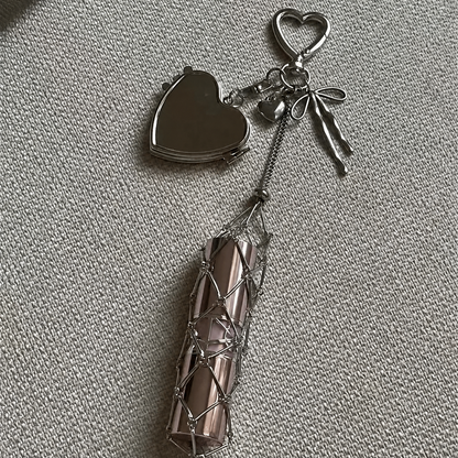 Mesh Lipstick Keychain with Heart, Mini Mirror - Lipstick Holder