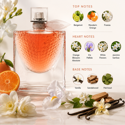 A perfume bottle filled with orange-amber liquid is shown on a light background with floral and citrus props. The image includes the text 'FRAGRANCE NOTES' and a breakdown of top, heart, and base notes with small circular photos of ingredients like bergamot, mandarin orange, freesia, orchid, vanilla, sandalwood, and patchouli.