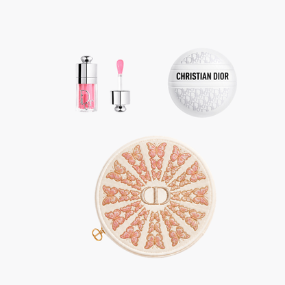 Beauty Gift Set  Round Flora Embroidered Mesh pouch with Lip Glow Oil (001 Pink) and  Balm Le Baume with Gift Shopping bag