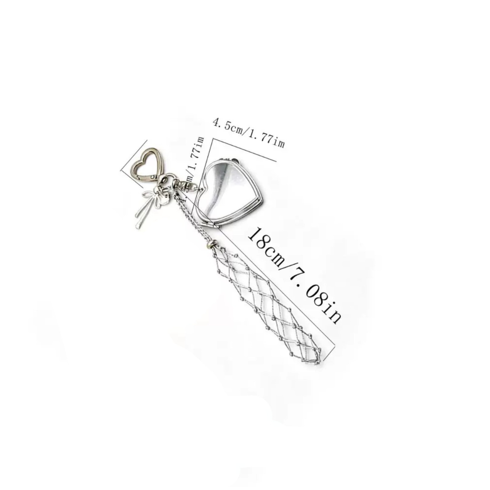 Mesh Lipstick Keychain with Heart, Mini Mirror - Lipstick Holder