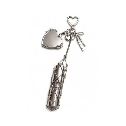 Mesh Lipstick Keychain with Heart, Mini Mirror - Lipstick Holder