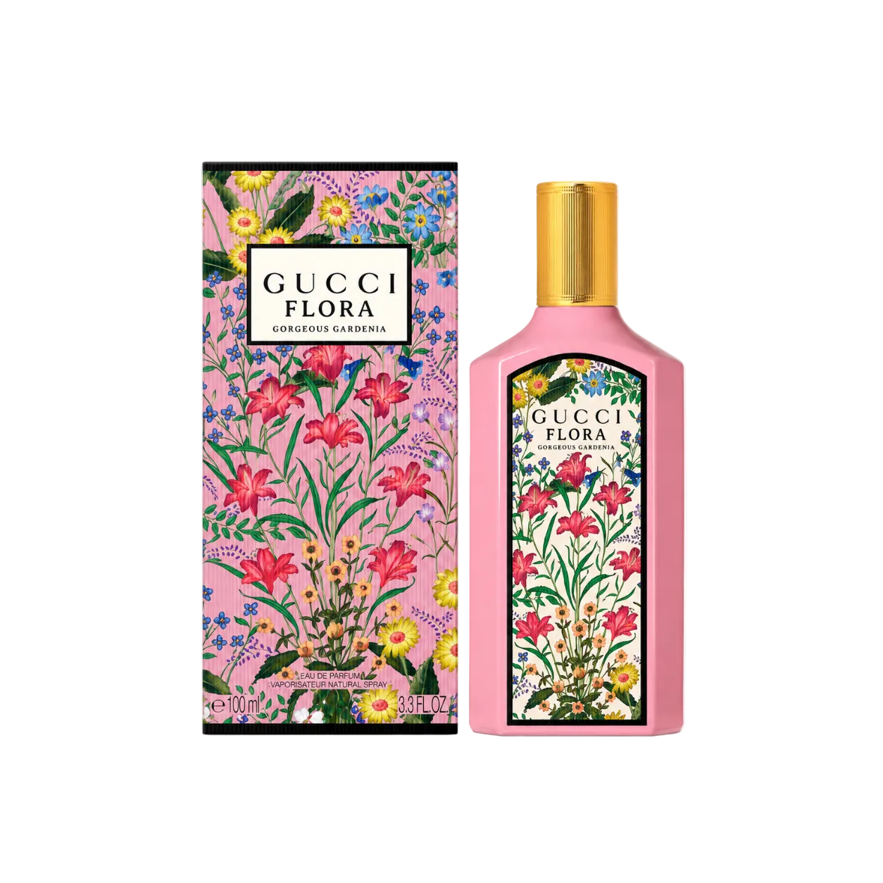 Gucci Flora perfume bottle and packaging with floral design on a white background