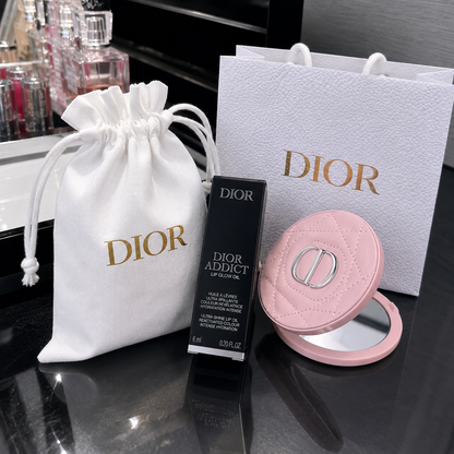 Beauty Set Pink Heart Pocket Leather Mirror with Lip Glow Oil 001 Dust bag and Shopping bag