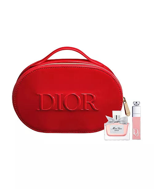 Beauty Gift Set Vanity Pouch Red, Mini Miss Dior Blooming Bouquet 5ml, and Dior Addict Lip Maximizer Plumping Gloss 001 Pink (6ml)  with Gift Shopping bag