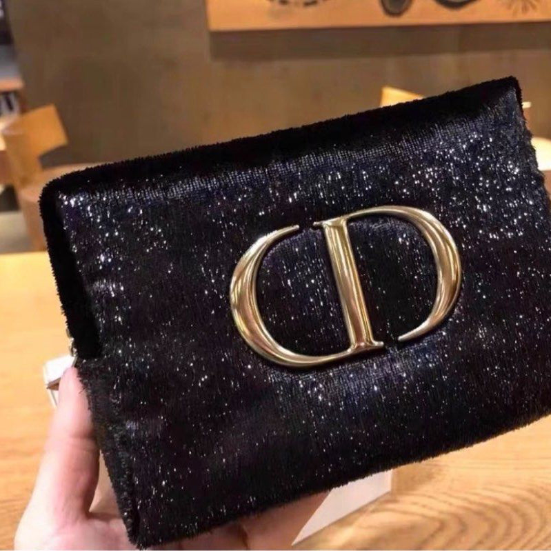 Christian Dior Small Shiny Glitter Velvet Cosmetic Makeup Toiletry Pouch Bag