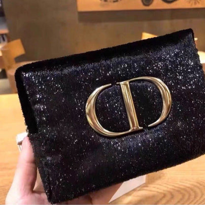 Christian Dior Small Shiny Glitter Velvet Cosmetic Makeup Toiletry Pouch Bag