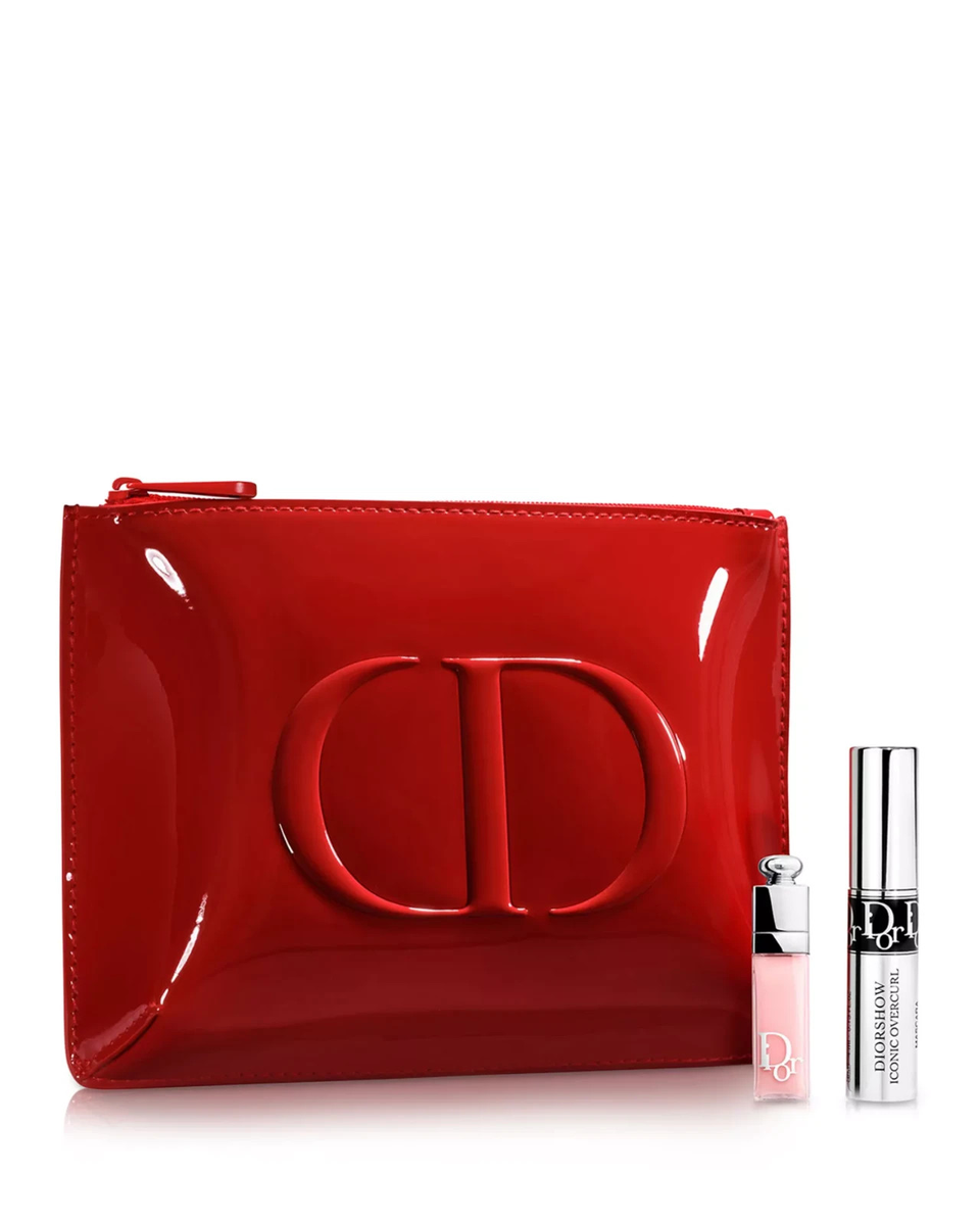 Beauty Red Cosmetic Pouch Bag with Mini Dior Addict & Mascara with Shopping Bag