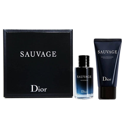 Dior Sauvage perfume set with black box, bottle, and after-shave on a white background