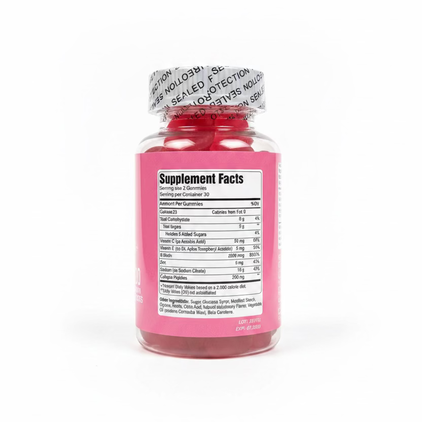 A hand holding a bottle of gummies, showing the Supplement Facts label on a pink background. The bottle has a white and blue seal on the cap and a pink label.