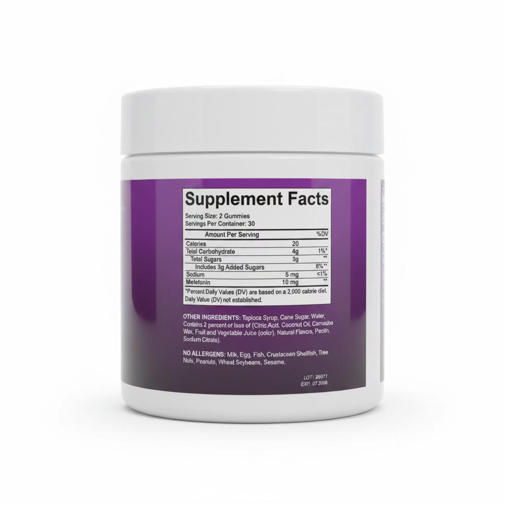 A close-up of a white plastic supplement jar held by a hand, showing the back label with 'Supplement Facts' and a purple background. The product appears to be gummies, with visible text including 'Contains 2 gummies' and 'Other ingredients: Tapioca syrup, cane sugar, water, citrus acid, clove oil, cannabis wax, fruit and vegetable juice (color), natural flavors,pectin, sodium citrate.