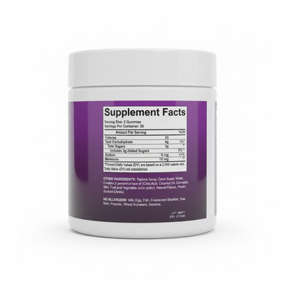 A close-up of a white plastic supplement jar held by a hand, showing the back label with 'Supplement Facts' and a purple background. The product appears to be gummies, with visible text including 'Contains 2 gummies' and 'Other ingredients: Tapioca syrup, cane sugar, water, citrus acid, clove oil, cannabis wax, fruit and vegetable juice (color), natural flavors,pectin, sodium citrate.